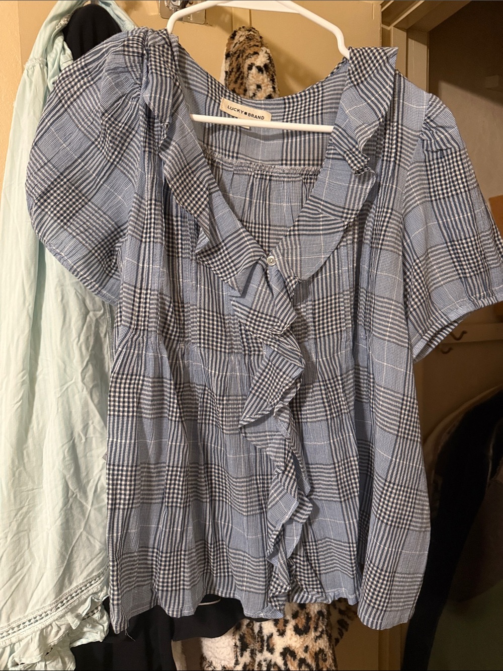 Lucky Brand Light Blue Plaid Ruffle Button-Front Top
